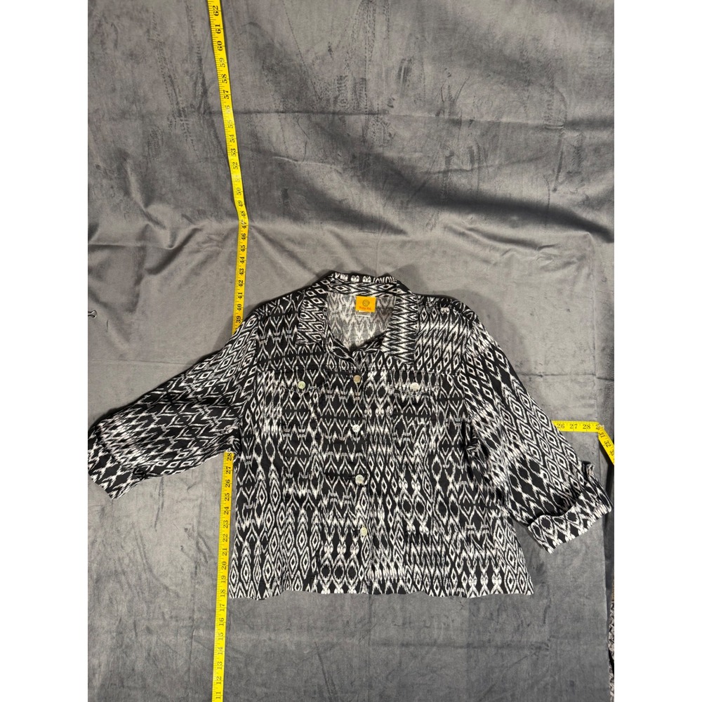 Ruby Rd Shirt Women XL 3/4 Slv Black White Ikat Print 100% Linen Button Front